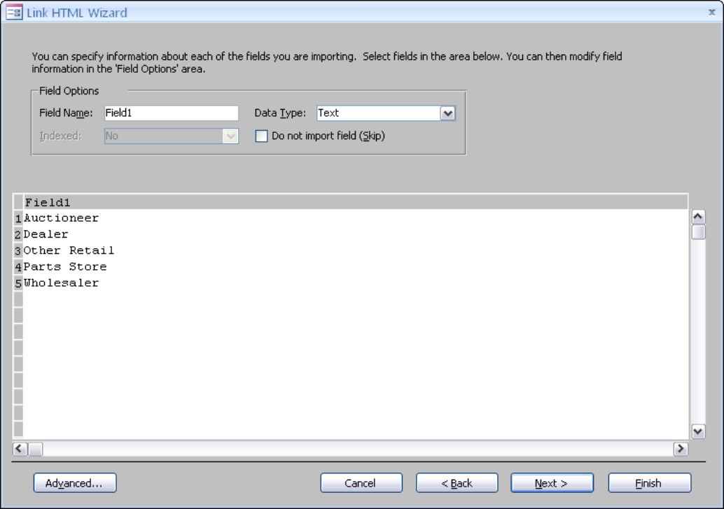 The HTML Wizard screen that is used to name the column headings (field names) for the linked table